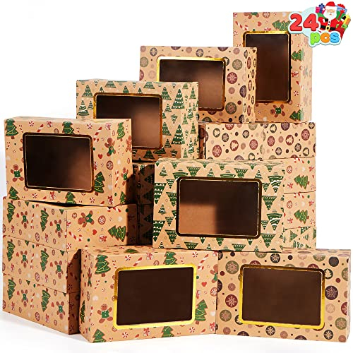 JOYIN 24 PCS Foiled Christmas Cookie Boxes with Window 8.75 x 5.6 x 2.75”, Treat Boxes for Doughnut and Cookie, Brown Kraft Bakery Boxes, Xmas Cookie Gift Baking Box for Pastries, Cupcakes