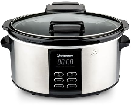 Westinghouse Slow Cooker 6,5 Liter - Schongarer Kochtopf aus Edelstahl, mit Warmhaltefunktion, Cool-Touch-Griffen, Timer und integriertem Keramiktopf