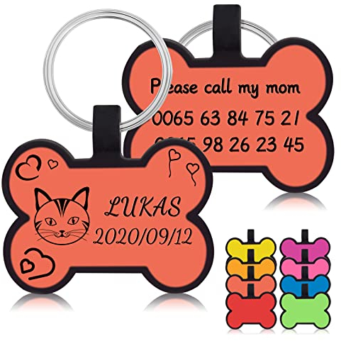 Uiopa 2pzs Chapa Perro Grabada, Silicona Chapas para Perros sin Ruido, Hueso Placas para Perros Grabadas Personalizadas, Etiquetas de Identificación de Mascotas para Collar Cachorro Gato (Naranja)