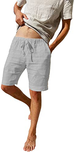 LVCBL Men's Shorts Linen with Drawstring Home Wear Light Gray 3XL