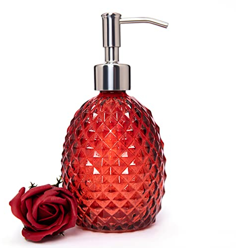 Seifenspender aus Glas mit Pumpe, 340 ml klare Spülseife, Handseife, Wäscheseife, Lotionspender, nachfüllbarer Flüssigkeitsspender für Badezimmer, Küche, Dusche (hellrot)