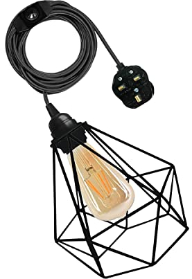 LEDSone Vintage Industrial Diamond Shape Metal Cage Pendant lamp Light for Kitchen Area, Dining Room, 4 Meter of Fabric Cable with Dimmswitch, 3 Pin Plug in Lamp E27 Fitting (Black)