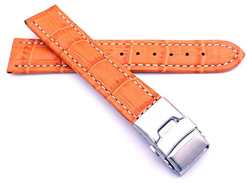 Sulla 18mm Uhrenband Alligator Prägung Genuine Leder Armband mit Faltschließe aus Edelstahl Orange Weiße Naht