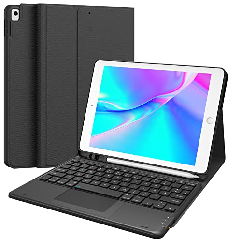 Earto iPad 9 Generation Tastatur Hülle, iPad 10.2 Tastatur mit Touchpad, 2 BT Kanäles, Abnehmbare Kabellose QWERTZ-Tastatur für iPad, Schwarz