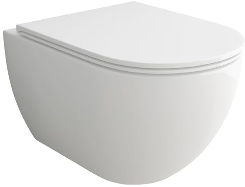 Alpenberger Moderne Toiletten | Kloschüssel mit Nano | Hänge WC Set mit Toilettendeckel D Form | Spülrandloses WC + Schallschutzset | Klo für Gäste WC und Badezimmer | Passend Geberit
