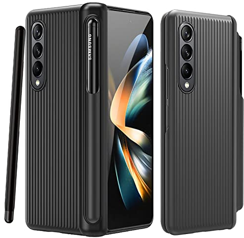 Miimall Handyhülle Kompatibel mit Samsung Galaxy Z Fold 4 Hülle mit S Pen Halter + Stift, Anti Drop Glas Displayschutzfolie Schutzhülle mit Scharnierschutz für Samsung Z Fold 4 5G 2022 Schwarz
