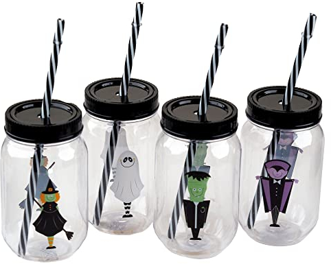 Gem Imports Halloween Kids Reusable Plastic Drinking Mason Jar Cups - Lid & Straw (Set of 4)