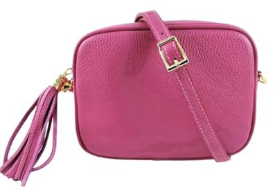 Miss B - Borsa Donna a Tracolla in Pelle Made in Italy, Borsetta piccola con frange e chiusura a cerniera, pochette con tracolla da donna & ragazza, tanti colori disponibili (fuxia)