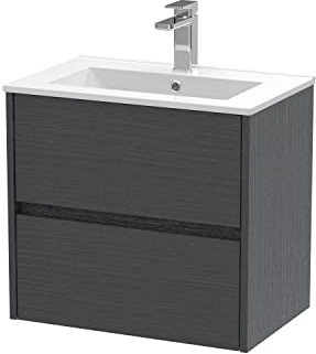 Hudson Reed HAV2204B Havana Modern Bathroom Wall Hung 2 Drawer Vanity Basin Unit & Minimalist Ceramic Basin, 600mm, Woodgrain Graphite Grey