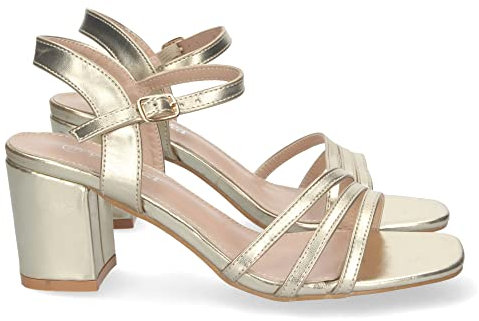 shoes&blues.es 72100-Sandalia de Tacon para Mujer, Comoda, con Palas Finas, Talon Abierto, y Cierre de Hebilla, Primavera Verano 2023. Talla 38 Oro