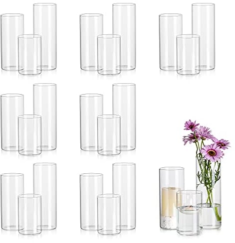 Glasseam Deko Vase Glasvase, Schöne Blumenvasen Set 24 Stück, 10/15/20cm Hoch Zylindervasen Glas Vase Tulpen Vase Durchsichtig für Wohnzimmer Deko Modern Kerzenhalter Blumen Vasen Wedding Decoration