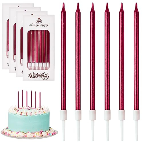 DONQL Geburtstagskerzen Für Torte, Dünne Lange Geburtstagskerze Mit Haltern Für Geburtstagskerzen Kinder & Erwachsene Für Dekorative Geburtstagstorte, Babyparty, Mädchenparty (24 Stücke Rot)