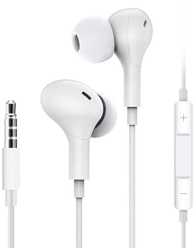 Vofolen Wired Earphones 3.5mm Jack In-Ear Headphones with Mic Volume Control HiFi Stereo Noise Cancelling Earbuds Compatible with iPhone/iPad/MP3/HUAWEI/Samsung/Android White