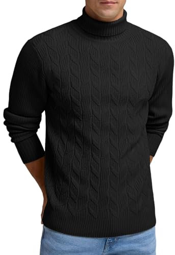 Sailwind Mens Cable Knit Jumpers Turtleneck Cable Knit Sweater Casual Soft Pullover Sweaters (Black, M)