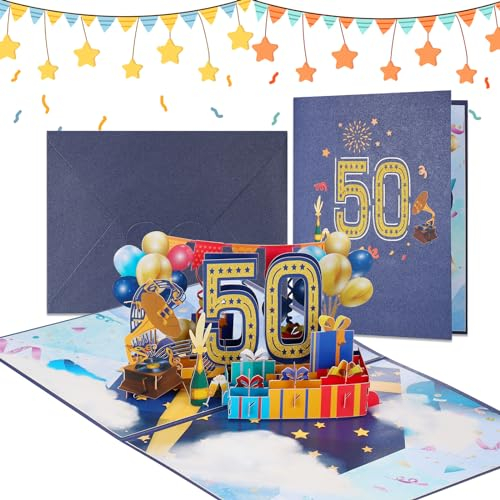JIANTA Karte 50. Geburtstag oder 50. Hochzeitstag – 3D Pop-Up Karte zum 50. Geburtstag Frau Happy Birthday Karte, Geburtstagskarten mit Umschlag für Frau Mann Familie und Freunden