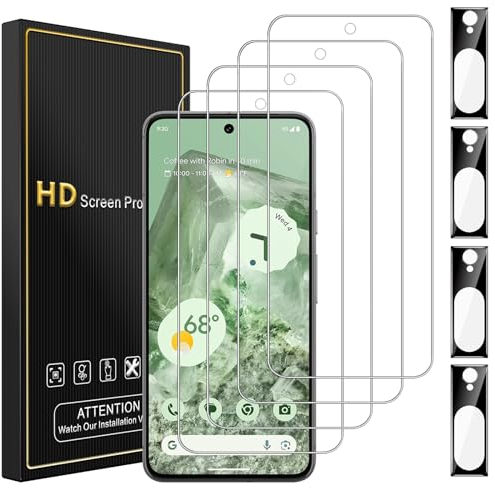 Romkasi [4+4 Stück Panzer Schutz Glas für Google Pixel 8, 4 Stück Schutzfolie und 4 Stück Kameraschutz, 9H Härte Panzerfolie, Anti-Kratzr Glasfolie, HD Displayschutz