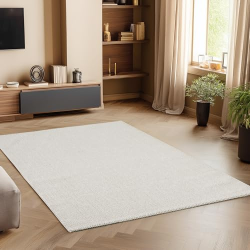 SIMPEX Eleganter Wohnzimmer-Teppich Robuster, Melierter Schlingenteppich in Einfarbig mit Struktur, Modernes Cut-Loop Design Grösse: 140 x 200 cm, Farbe: Creme