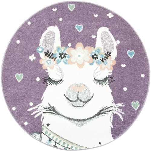AKCILA Lima runden Kinder Teppich Lama Lila | Cremig 160 cm|Kinderzimmer Kurzflor Teppiche | Kinderteppich Jungen |Kids Carpet | Spielteppich Kinder | Babyzimmer Tepich | Wohnzimmer|Schlafzimmer
