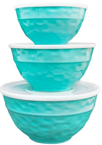 TP Mixing Bowl Set with Lids, 6-Piece Melamine Nesting Bowls Set for Pasta Baking Salad Mixing, Set of 3, Glossy Turquoise