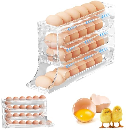 Fosoloni automatisch scrollender Eierregalhalter, 4-stufiger Eierhalter für den Kühlschrank, platzsparender Eierspender mit automatischem Rollen, Eier Organizer, Aufbewahrung von 30 Eiern