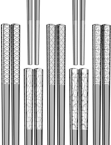 Metal Chopsticks Reusable 18/8 stainless steel Chopsticks 5 Pairs Modern Style Dishwasher Safe Lightweight Non-Slip Chop Sticks 9 1/4 Inches Present Set