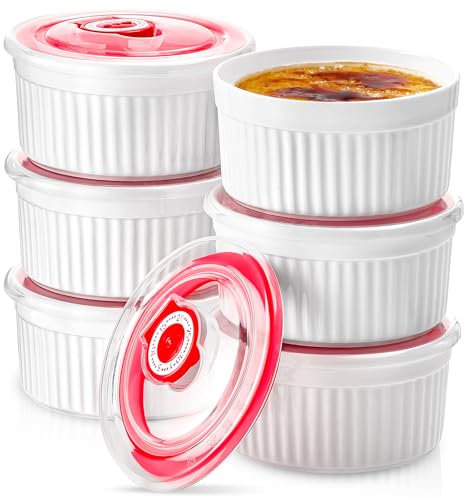 Mfacoy Ramekins with Lids Set of 6, 8 oz Porcelain Creme Brulee Souffle Ramekins with Covers, White Pudding Custard Cups Ramiken for Baking, Small Bowls for Sauces Dessert, Dishwasher and Oven Safe