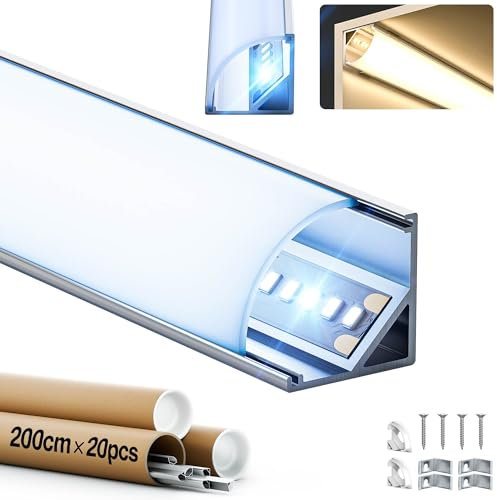 GEEKLUX 20 Stück Aluminiumprofil für Led-Streifen 2 m (40 m), LED-Profil in V-Form mit Diffusor, für led-Streifen bis zu 10 mm, 90 Grad Eck-LED-Kanal für Decken, Treppen und Ecken – 15,8 x 15,8 mm