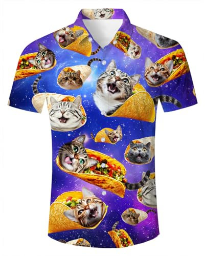 ALISISTER Funky Mens Hawaiian Shirt 3D Blue Taco Cat Printed Short Sleeve Shirt Tropical Button Down Beach Holiday Aloha Summer Regular Shirts L