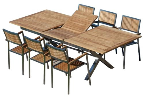 ALEOS. Gartengarnitur Edelstahl Teak Set: Ausziehtisch 200-260x100 cm + 6 stapelbare Sessel Edelstahl Teak A-Grade Holz Sitzgruppe - Gartenmöbel Set 6 Personen Gastronomie Qualität