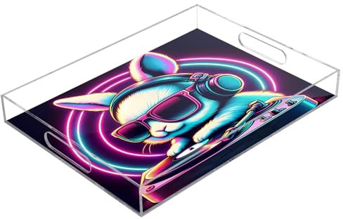 Dj Rabbit - Gafas de sol en coloridas bandejas acrílicas de luz de neón, bandeja rectangular transparente con asas para servir mesa de café, cocina y baño