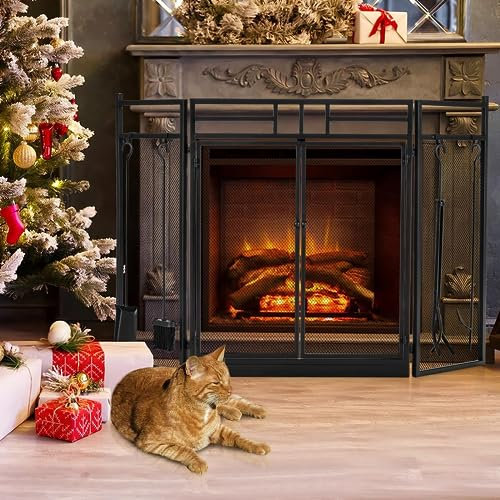 ZXLAGDBP Fire Guard Kaminschutzgitter mit Kaminbesteck-Sets, 3-teiliges Klapp-Kamingitter für offene Feuerholzöfen, Funkenschutzgitter für Haustiere mit Tür