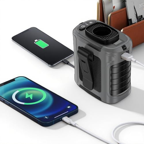 Gemmac Tragbarer Ventilator mit LED-Display, 5 Geschwindigkeitsstufen + Rotes/grünes Licht, 10000-mAh-Powerbank-Akku, Beleuchtung, Clip/Hüftgurt/Umhängegurt/Ständer für Radfahren/Büro/Outdoor/Strand