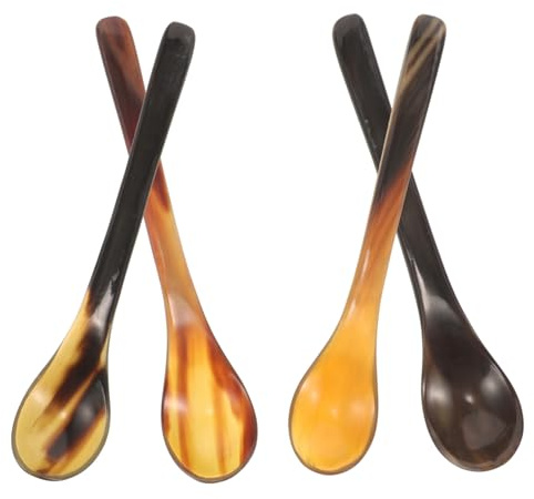 4 Löffel mit Langem Stiel aus Ochsenhorn, Espressolöffel | Probieren von Espresso und Tee, Natürliches Besteck mit Horn, Leicht Tragbar Zufällige Farbe