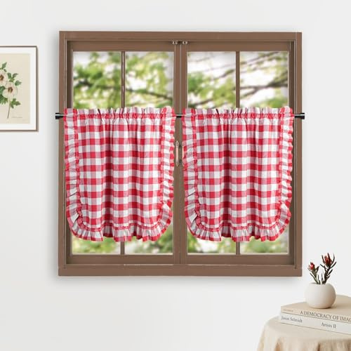 HiSnug 2er Set Scheibengardine Bistrogardine Landhaus Modern Kurzstores Küchengardine Kaffee Kurzvorhang Rote/Weiß Breit Kariert Kleinfenster mit Spitze Kurz H90 x B65 cm