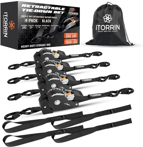 Retractable Ratchet Straps - 4 Pack 1inch x 10ft Auto Tie Down with Soft Loops - Black - 1650 Lbs Break Strength - Self Retracting for Motorcycle, ATV, Truck, Cargo, Trailer, Boat, Kayak, Furniture