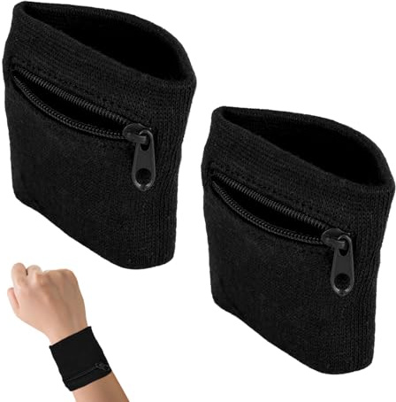 2 Stueck Schweißband Reißverschluss Handgelenktasche Sport Fitness Laufen | Baumwolle Armtasche Brieftasche, Radfahren Basketball, Wertsachen Fach, atmungsaktiv bequem, Handgelenk Beutel