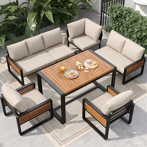 JCFEIDQW Gartenlounge Outdoor, Gartenmöbel-Set, Wetterfeste Terrassenmöbel, für 8 Personen, mit Esstisch aus Massivholz, Verstellbare Beine, für Terrasse, Balkon, Poolbereich (Beige)