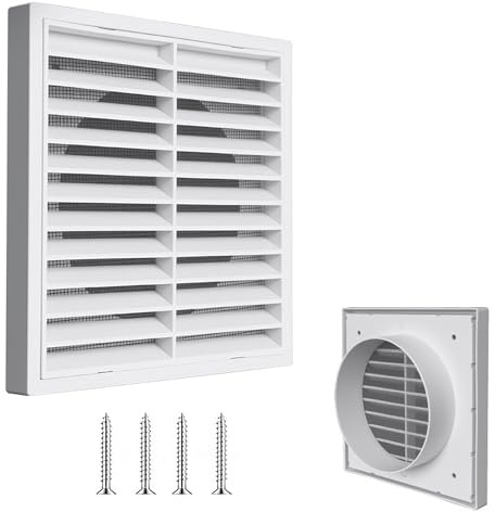 150mm Air Vent Cover,White Louvred Wall Vent Grille 175mm×175mm with Mesh Screen,Extractor Fan Vent Cover for Tumble Dryer,Ducting,HVAC,Garage,Bathroom, Kitchen, Exterior Walls,Attic