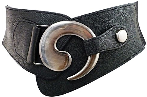 EloModa Damen Gürtel, Elastisch, Kunstleder, Schwarz mit Metallschnalle