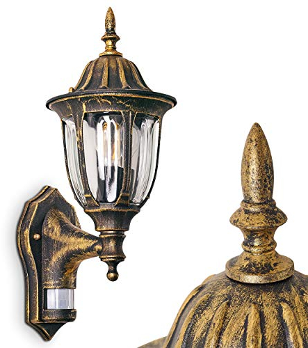 Außenwandleuchte Ribadeo m. Bewegungsmelder, Wandlampe aufwärts in antikem Look, Aluguß in Braun/Gold m. Klarglas-Scheiben, Wandleuchte für Terrasse/Hof, E27-Fassung, Retro/Vintage, ohne Leuchtmittel