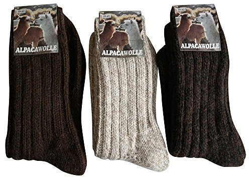 3 Paar Alpaka & Wolle Socken 100% extra dick weich Grob gestrickt, Braun Natur Mischung, 35-38