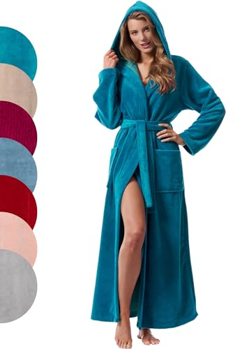 Morgenstern Accappatoio extra lungo da donna cappuccio bambù cotone e microfibra vestaglia di lusso molto lunga alzavola Taglia S