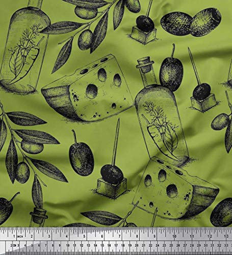 Soimoi Grun Seide Stoff Oliven, Kuse & Flasche gedruckt Craft Fabric 1 Meter 42 Zoll breit