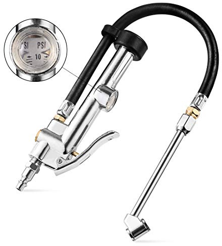 CZC AUTO Tire Inflator Air Pressure Gauge with Rubber Hose, 10-120PSI Dual Head Heavy Duty 1/4 FNPT Tyre Inflator Gage Compatible with Air Pump Compressor for Truck RV Bus Car Motorcycle Bike