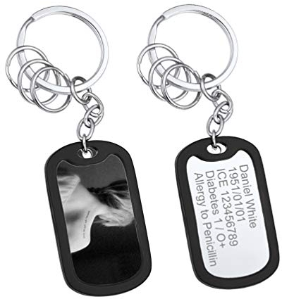 PROSTEEL Porte Clef Personnalisable Photo Homme Femme Anneaux Pendentif Plaque Militaire en Acier INOX Entouré de Silicone Noir Bijoux Cadeau Unique Accessoire du Sac Bagage Jour Commémoratif