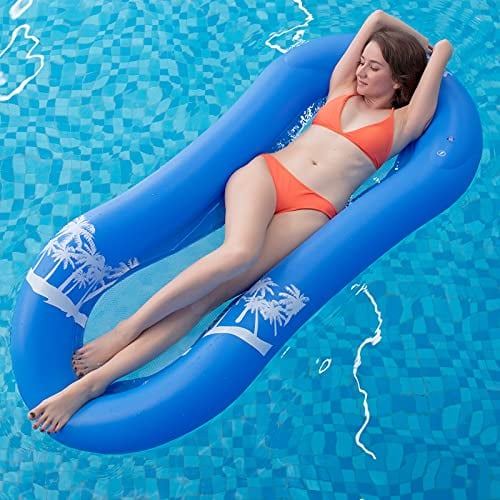 Myir Bouee Piscine Adulte avec Tête à Flotteur, Semi-immergé Recliner Lounge Filet Matelas Gonflable Jouets de Piscine pour Adultes Enfants Plage Extérieur Lounger (Bleu)
