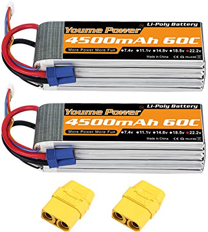 Youme 6S Lipo Batterie, 22,2 V 4500 mAh Lipo Batterie 60C mit EC5 und XT90 Stecker für X-Klasse Drohnenrennen 70MM 8MM 90MM EDF RC Quadcopter Flugzeug Hubschrauber Auto LKW Boot Hobby (2 Packungen)