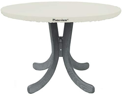 Planesium Premium Abdeckplane Gartentisch RUND Abdeckhaube Runder Tisch Abdeckung Schutzhülle Garnitur Gartenmöbelset Reißfest Atmungsaktiv Wasserdicht (Ø 100cm x 45cm, Weiß)