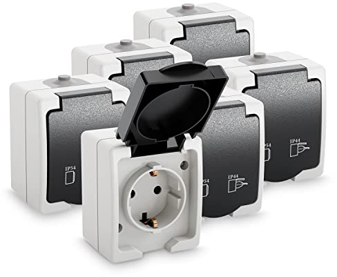 greate 6x Aufputz Steckdose 1fach für Feuchtraum - AP Steckdose mit Klappdeckel IP54, 250V, 16A, 2 polig - Aufputz Steckdosen, Aufputzdose Außenbereich, Aufputzsteckdose 1fach, Außen Steckdose