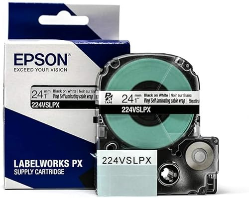 Epson LABELWORKS 224VSLPX Genuine Tape Cartridge - Black on White Flexible and Durable Vinyl Self Laminating Overwrap Industrial Label Maker Tape - 1 (24MM) Wide, 26.2 ft